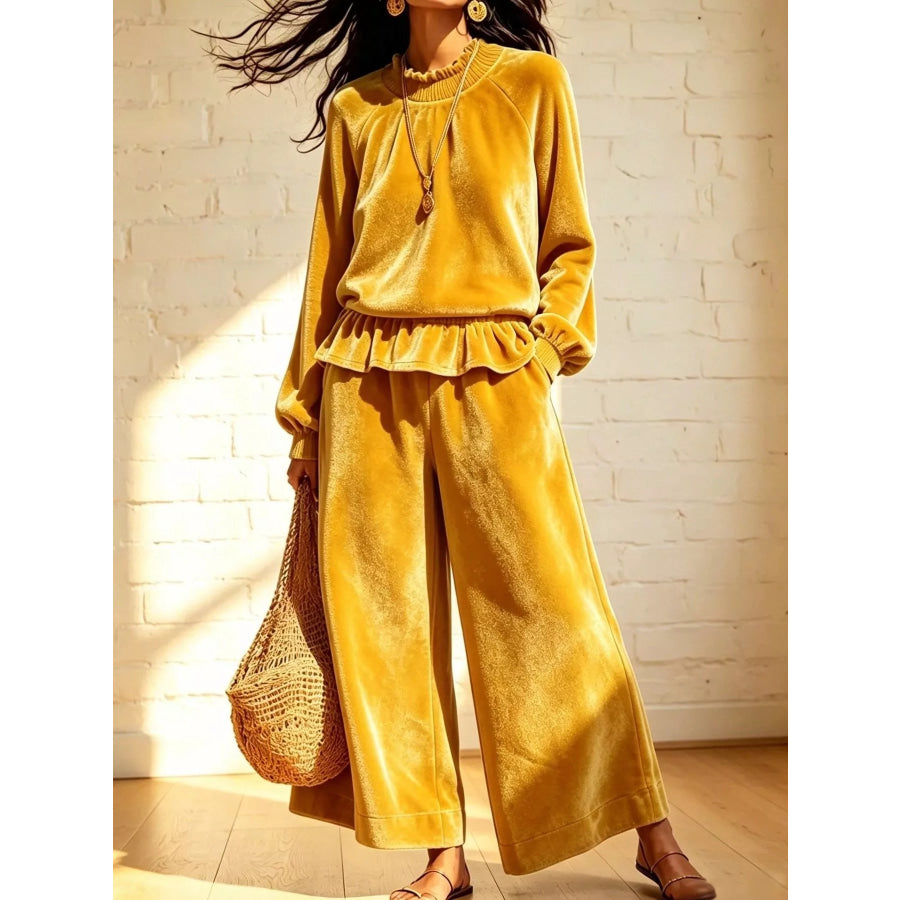 Velvet Peplum Top and Wide-Leg Pants Set Gold / S Apparel Accessories
