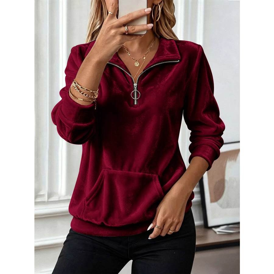 Velvet Quarter-Zip Sweatshirt Burgundy / S Apparel and Accessories