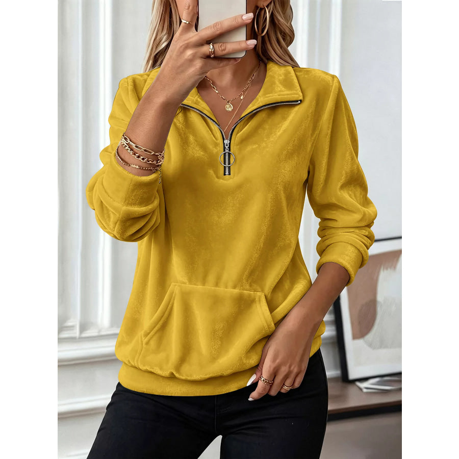 Velvet Quarter-Zip Sweatshirt Mustard / S Apparel and Accessories