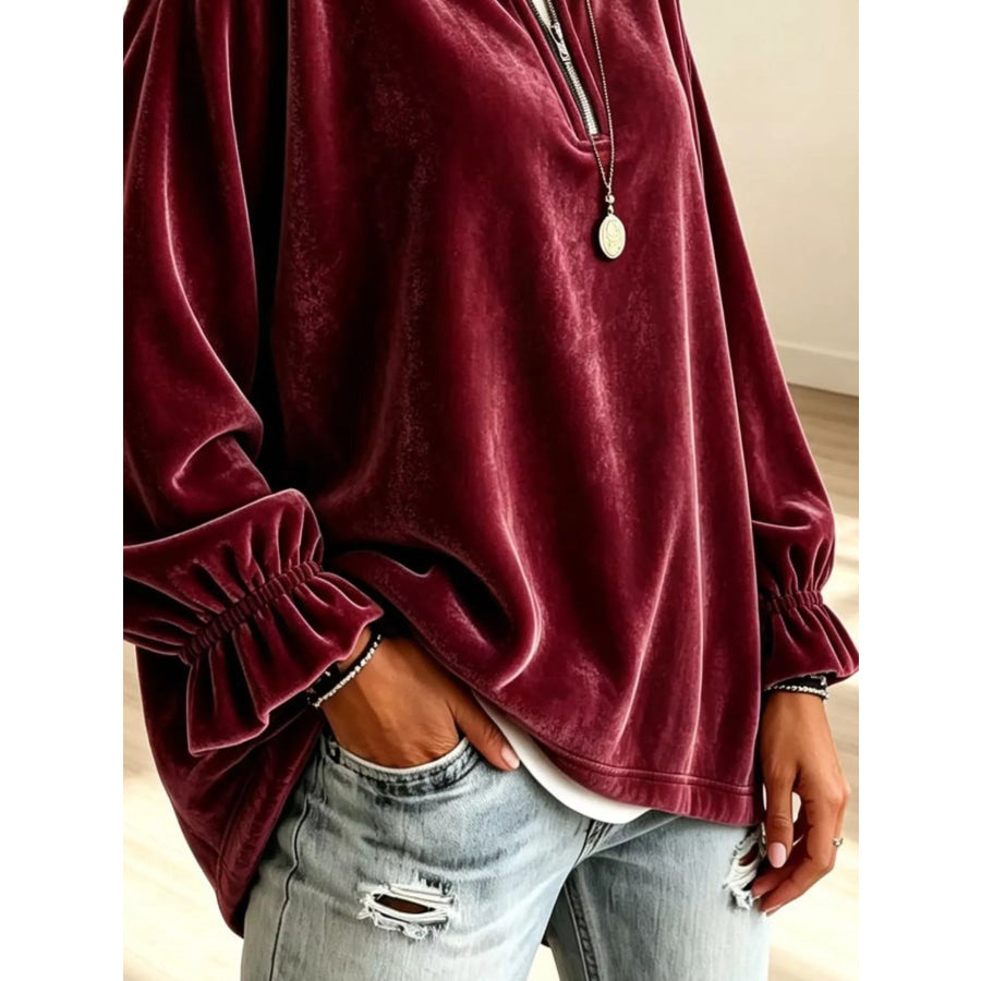 Velvet Quarter-Zip Sweatshirt with Ruffled Cuffs Apparel and Accessories