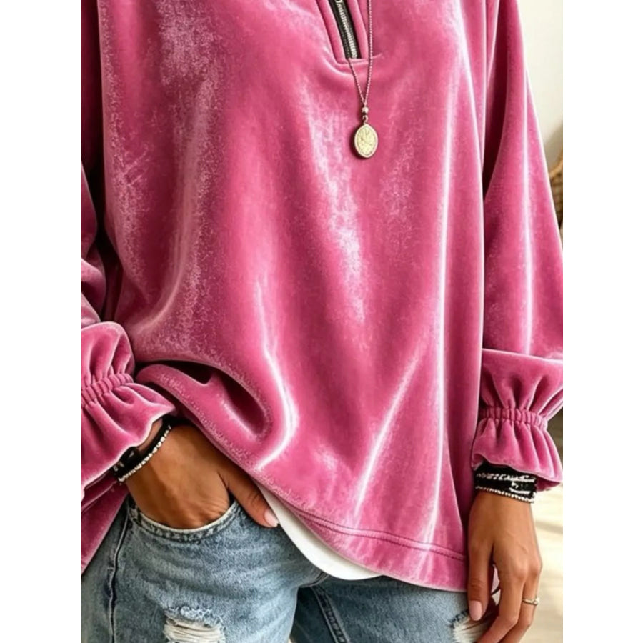 Velvet Quarter-Zip Sweatshirt with Ruffled Cuffs Apparel and Accessories