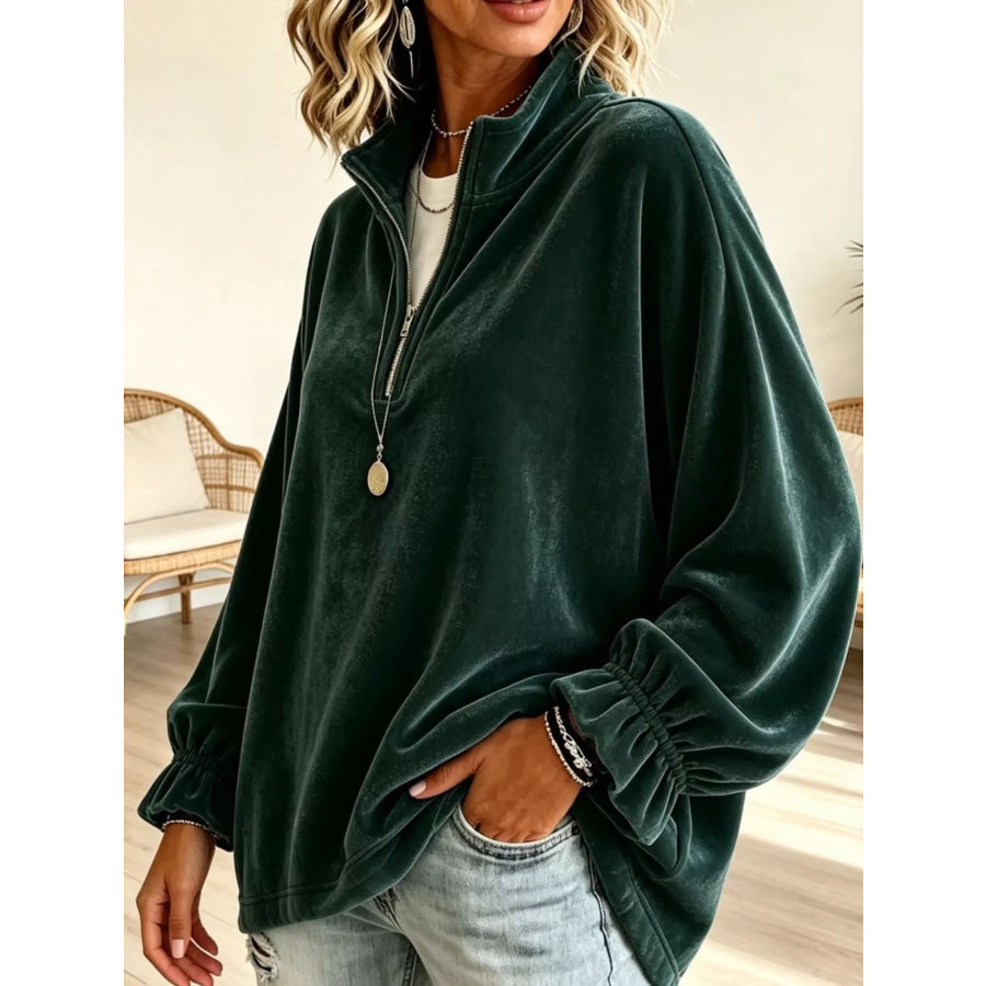Velvet Quarter-Zip Sweatshirt with Ruffled Cuffs Dark Green / S Apparel and Accessories