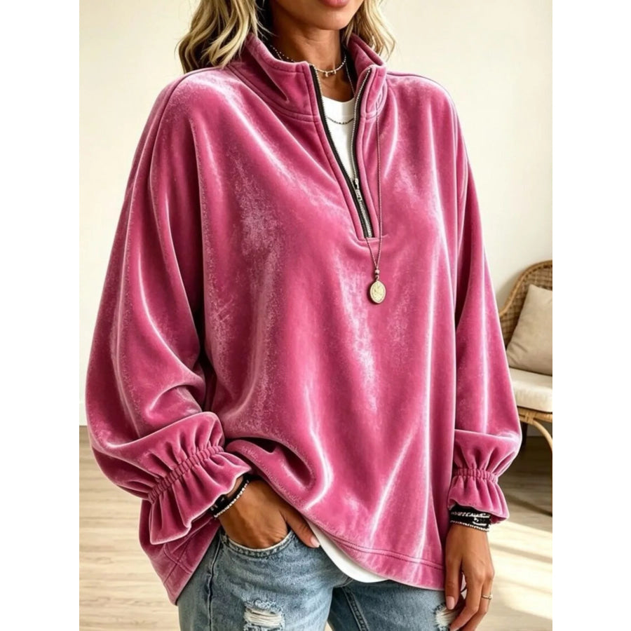 Velvet Quarter-Zip Sweatshirt with Ruffled Cuffs Fuchsia Pink / S Apparel and Accessories