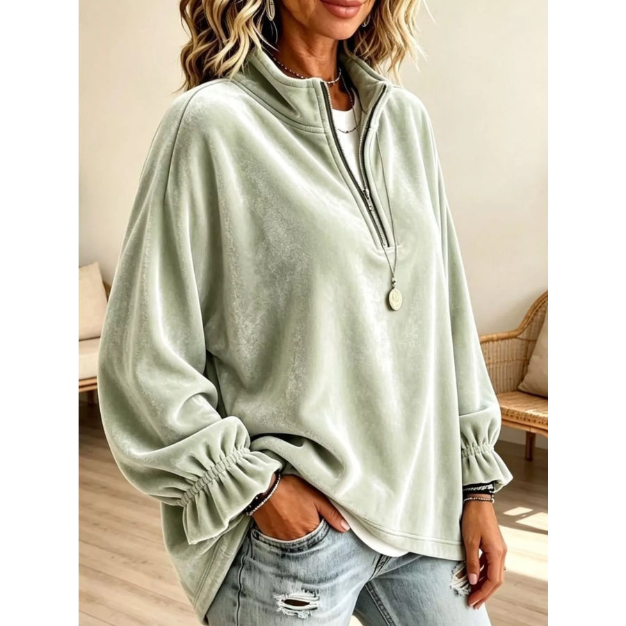 Velvet Quarter-Zip Sweatshirt with Ruffled Cuffs Light Green / S Apparel and Accessories