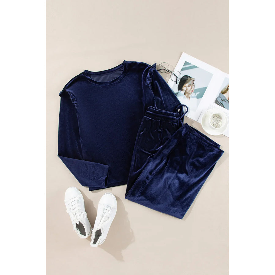 Velvet Round Neck Long Sleeve Top and Drawstring Pants Lounge Set Navy / S Apparel and Accessories