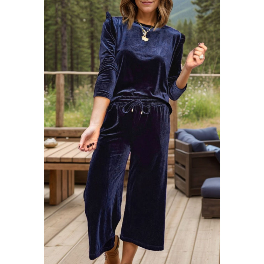 Velvet Round Neck Long Sleeve Top and Drawstring Pants Lounge Set Navy / S Apparel and Accessories