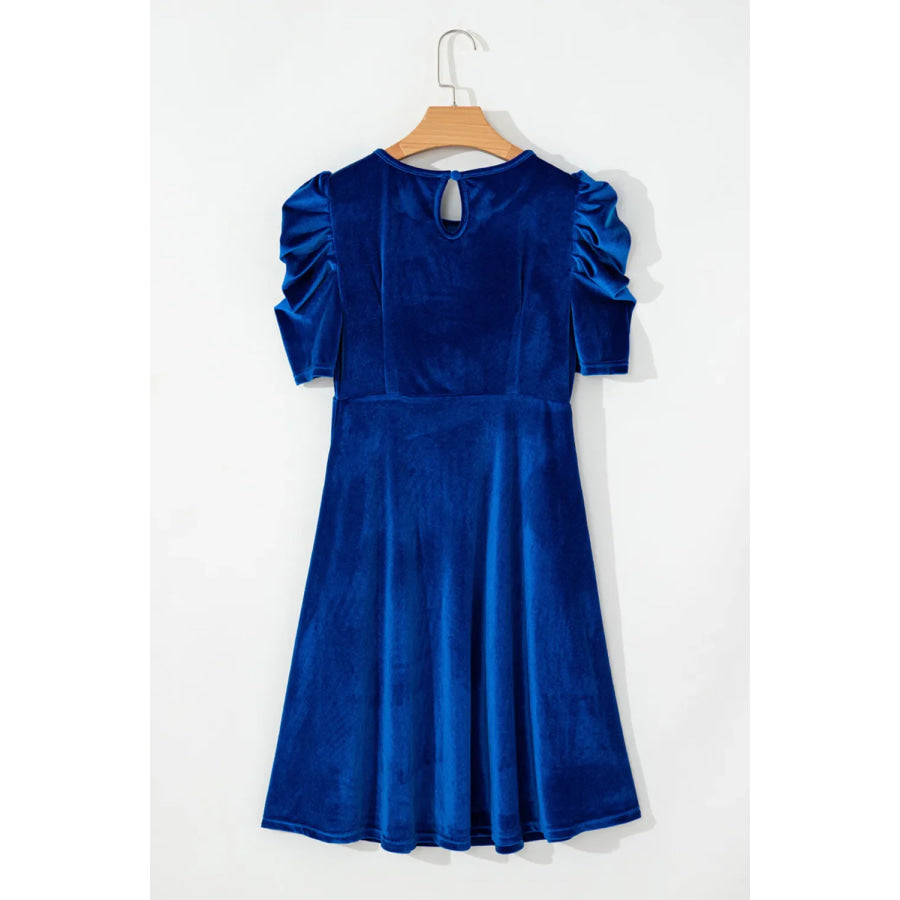 Velvet Round Neck Puff Sleeve Dress Apparel and Accessories