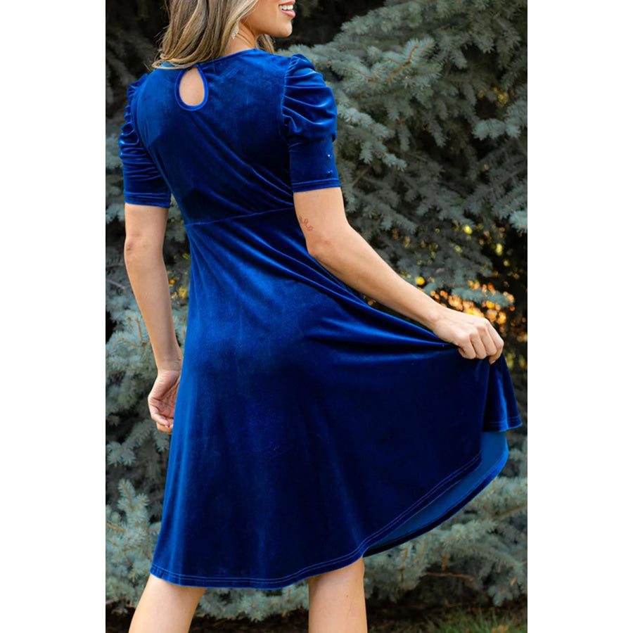 Velvet Round Neck Puff Sleeve Dress Apparel and Accessories