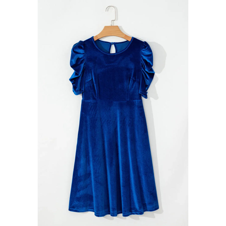 Velvet Round Neck Puff Sleeve Dress Apparel and Accessories