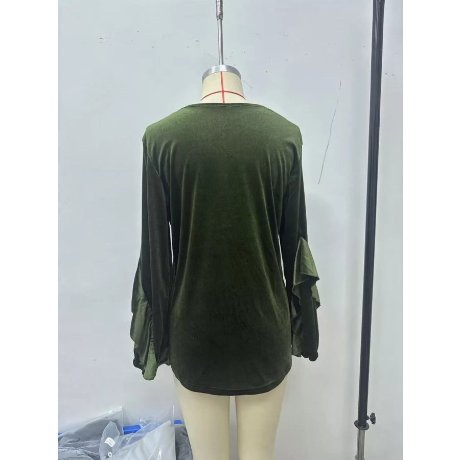 Velvet Round Neck Ruffle Sleeve Top Apparel and Accessories