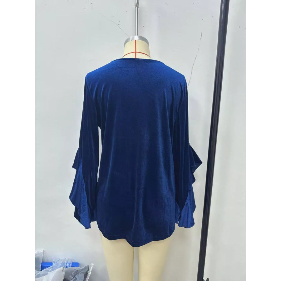 Velvet Round Neck Ruffle Sleeve Top Apparel and Accessories