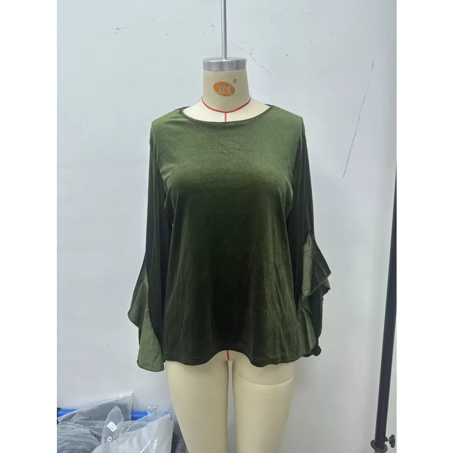 Velvet Round Neck Ruffle Sleeve Top Apparel and Accessories