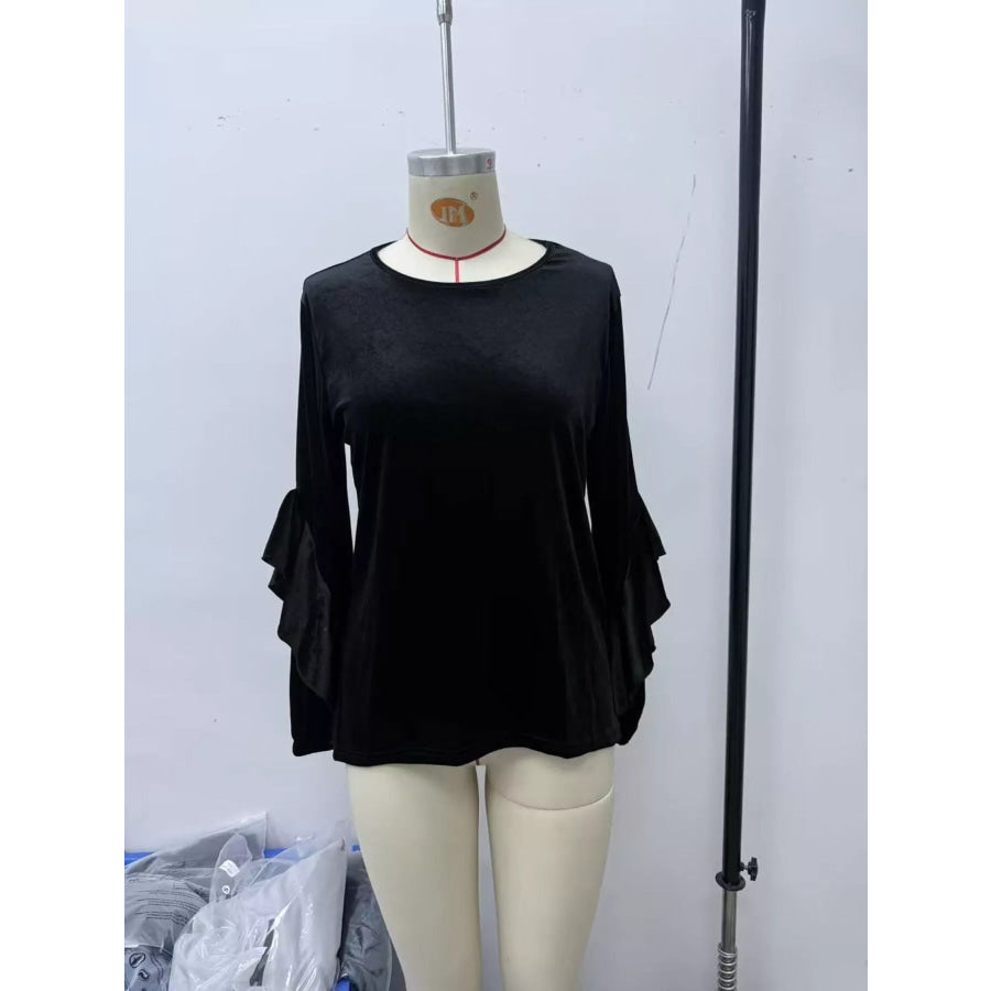Velvet Round Neck Ruffle Sleeve Top Apparel and Accessories