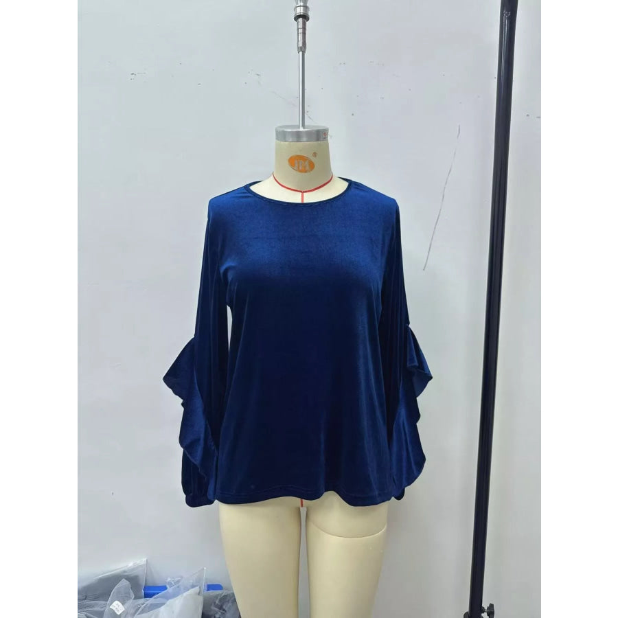 Velvet Round Neck Ruffle Sleeve Top Apparel and Accessories