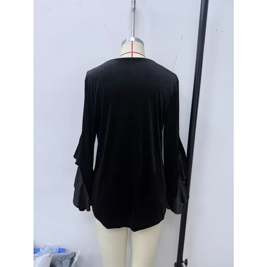Velvet Round Neck Ruffle Sleeve Top Apparel and Accessories