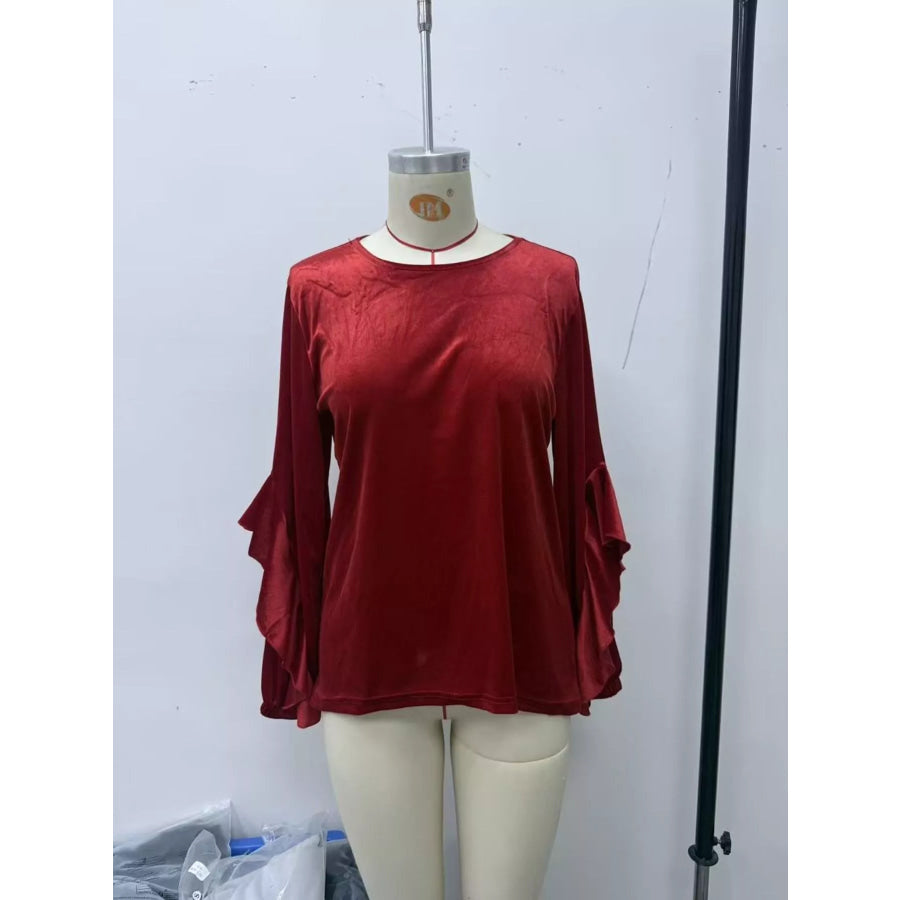 Velvet Round Neck Ruffle Sleeve Top Apparel and Accessories