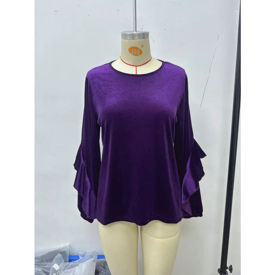 Velvet Round Neck Ruffle Sleeve Top Apparel and Accessories