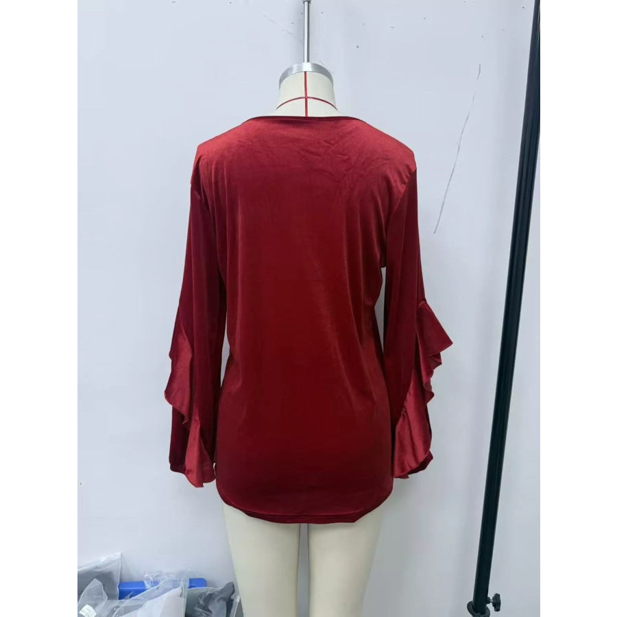 Velvet Round Neck Ruffle Sleeve Top Apparel and Accessories