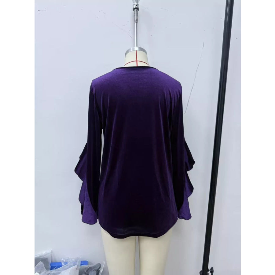 Velvet Round Neck Ruffle Sleeve Top Apparel and Accessories