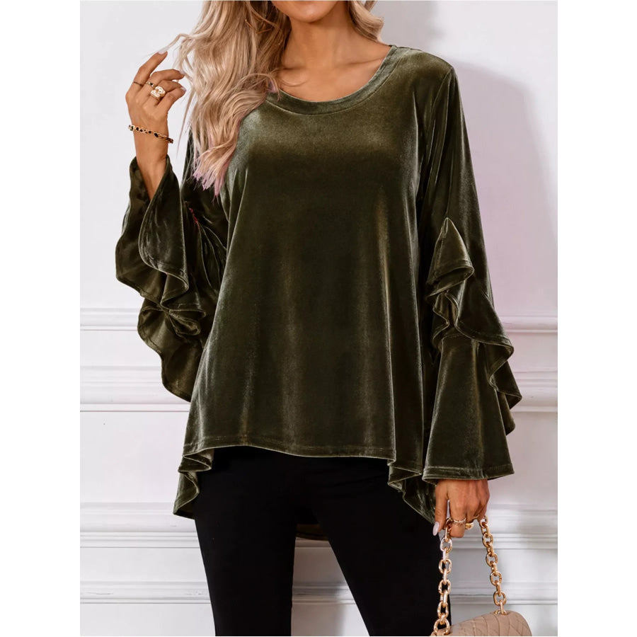 Velvet Round Neck Ruffle Sleeve Top Black Forest / S Apparel and Accessories