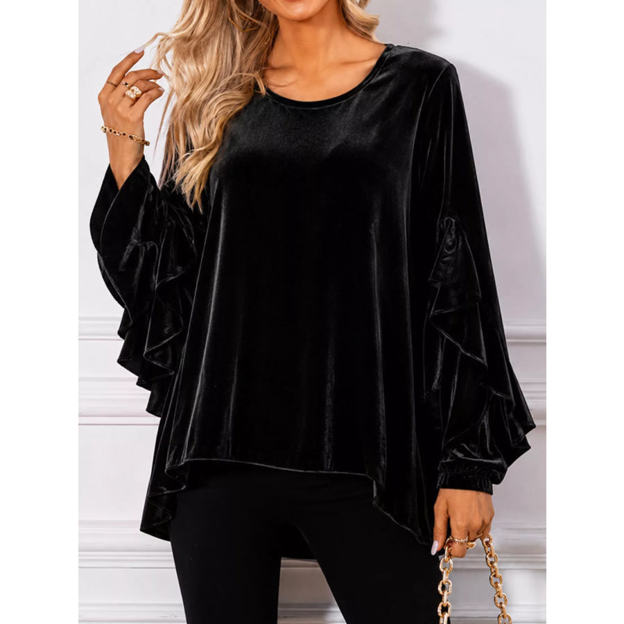 Velvet Round Neck Ruffle Sleeve Top Black / S Apparel and Accessories