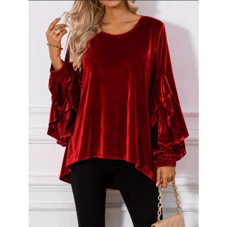 Velvet Round Neck Ruffle Sleeve Top Burgundy / S Apparel and Accessories
