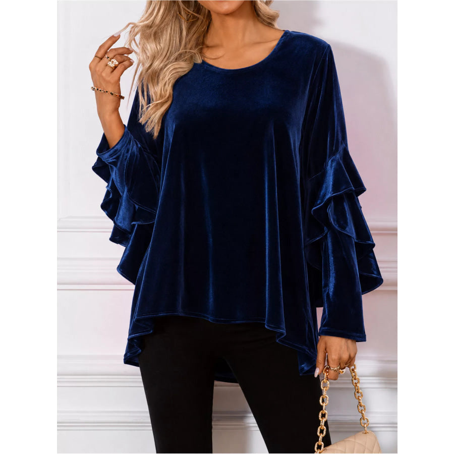 Velvet Round Neck Ruffle Sleeve Top Navy / S Apparel and Accessories