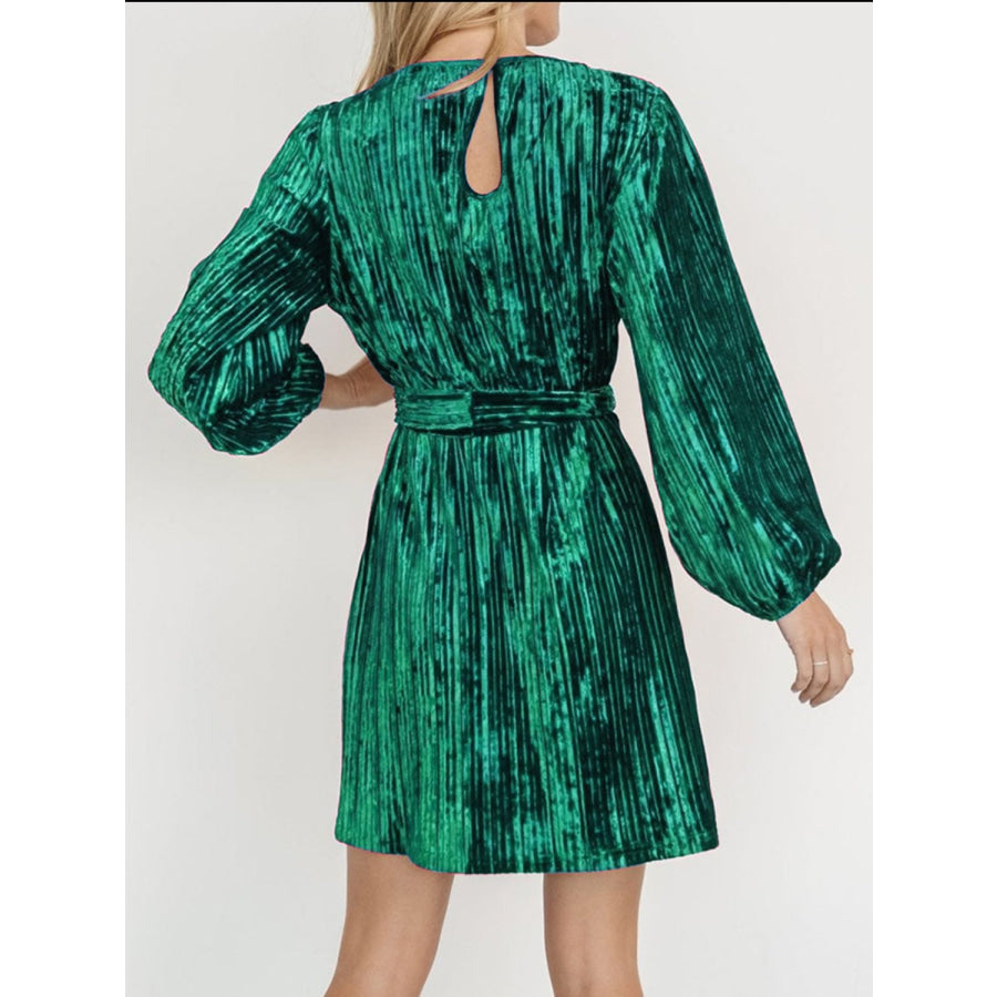 Velvet Round Neck Tie Waist Long Sleeve Mini Dress Apparel and Accessories