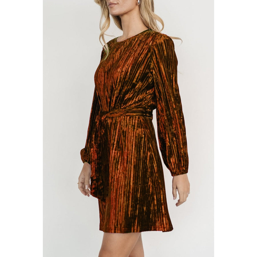 Velvet Round Neck Tie Waist Long Sleeve Mini Dress Apparel and Accessories