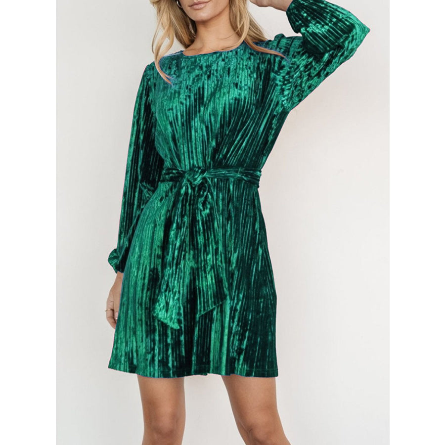 Velvet Round Neck Tie Waist Long Sleeve Mini Dress Apparel and Accessories