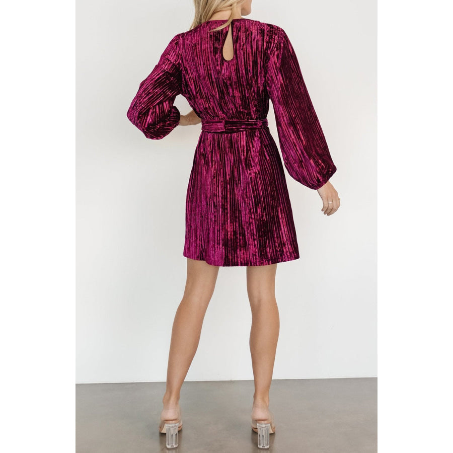 Velvet Round Neck Tie Waist Long Sleeve Mini Dress Deep Purple / S Apparel and Accessories