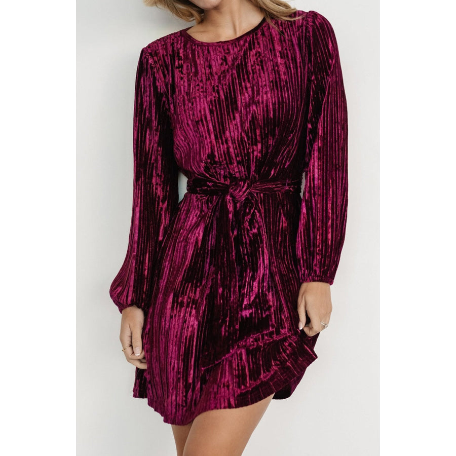 Velvet Round Neck Tie Waist Long Sleeve Mini Dress Apparel and Accessories