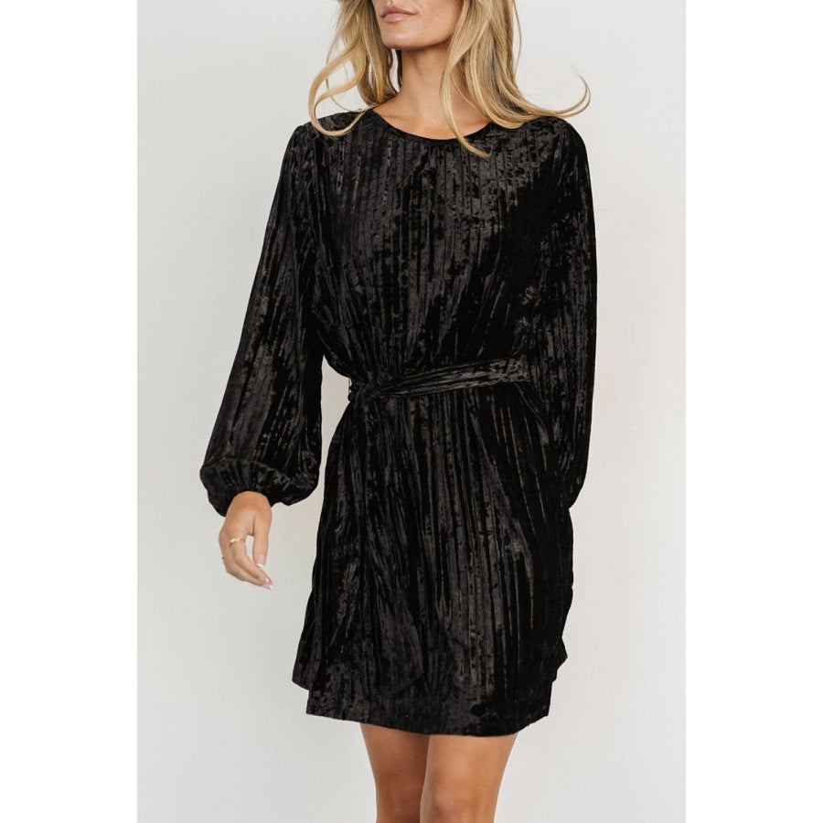 Velvet Round Neck Tie Waist Long Sleeve Mini Dress Apparel and Accessories