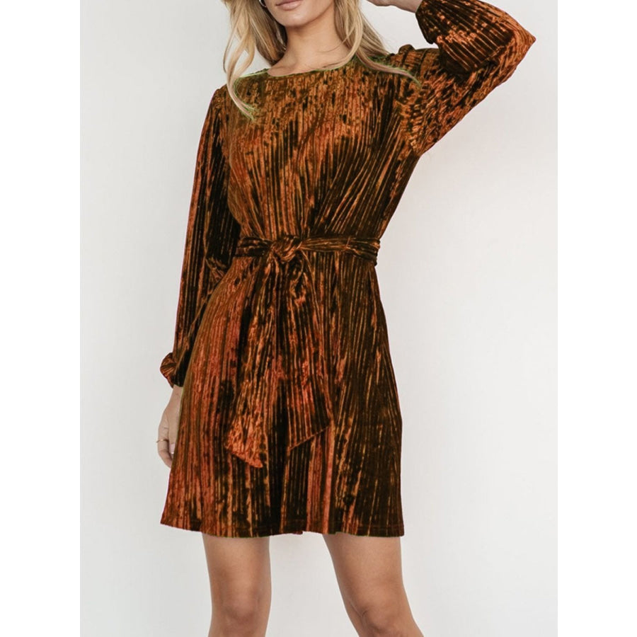 Velvet Round Neck Tie Waist Long Sleeve Mini Dress Apparel and Accessories