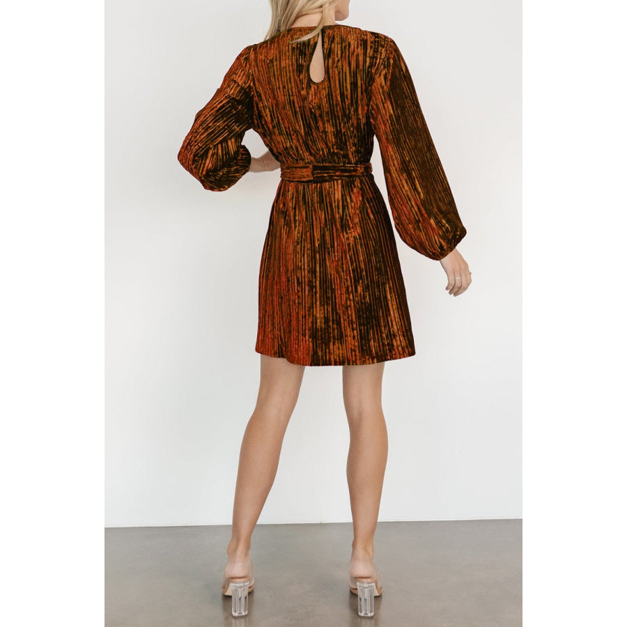 Velvet Round Neck Tie Waist Long Sleeve Mini Dress Apparel and Accessories