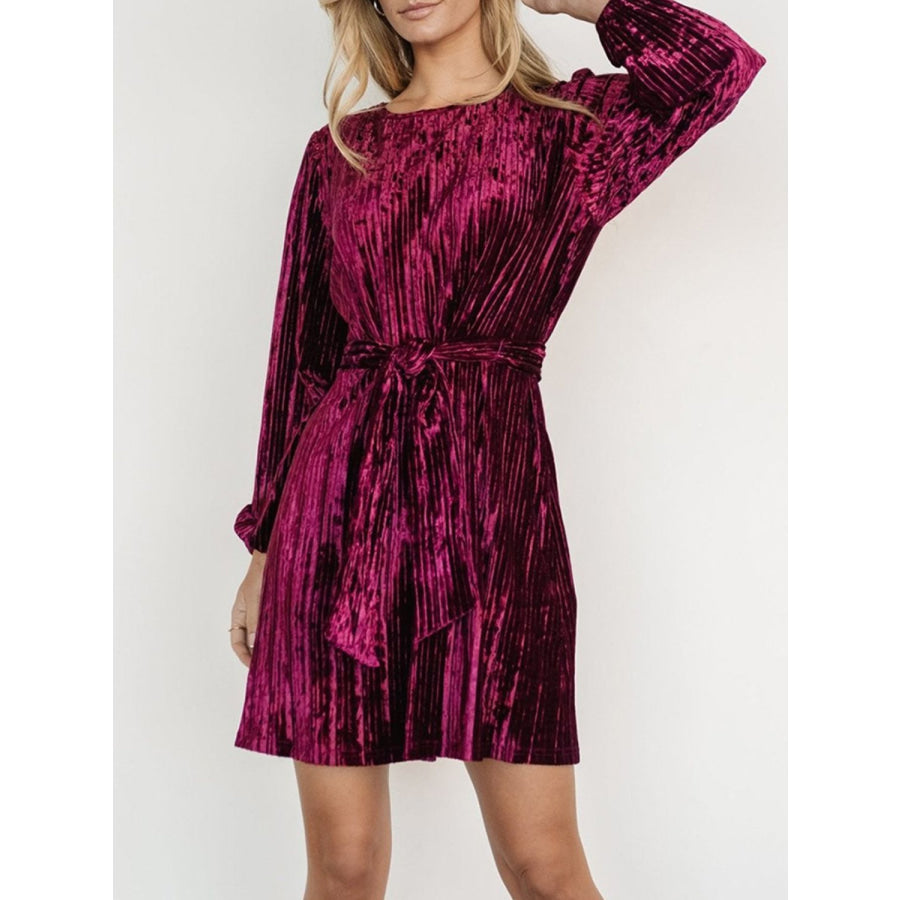 Velvet Round Neck Tie Waist Long Sleeve Mini Dress Apparel and Accessories