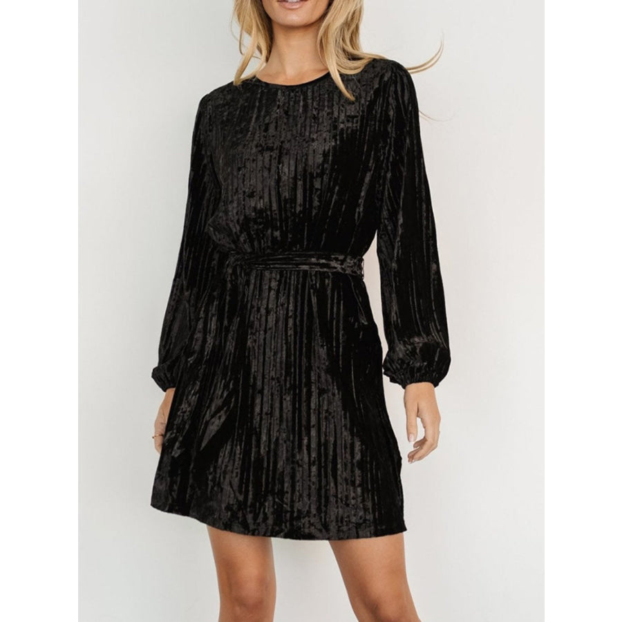 Velvet Round Neck Tie Waist Long Sleeve Mini Dress Black / S Apparel and Accessories