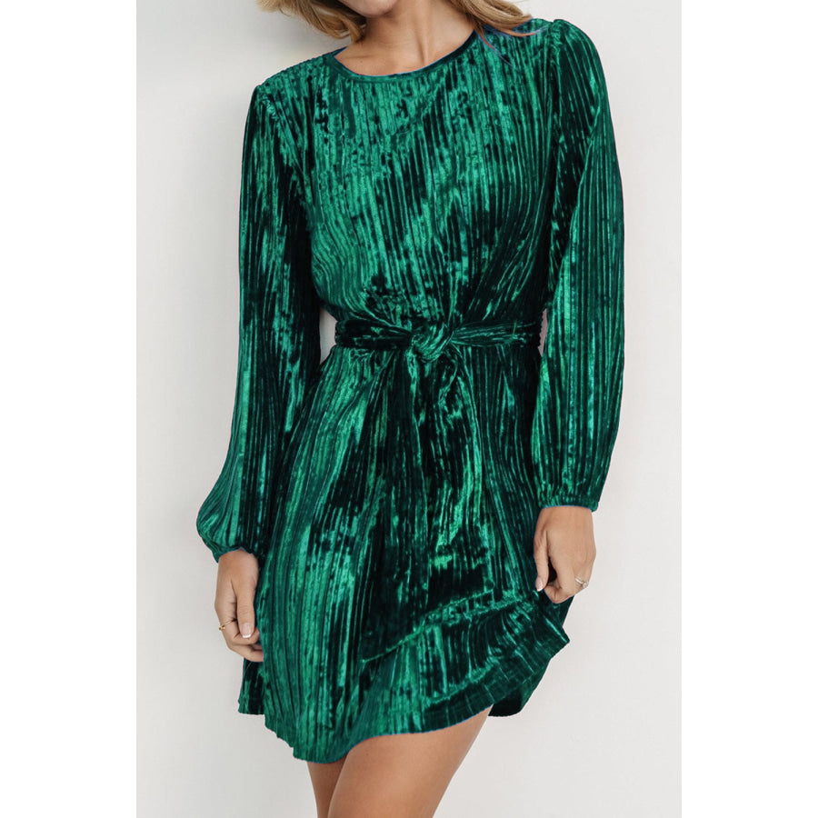 Velvet Round Neck Tie Waist Long Sleeve Mini Dress Dark Green / S Apparel and Accessories