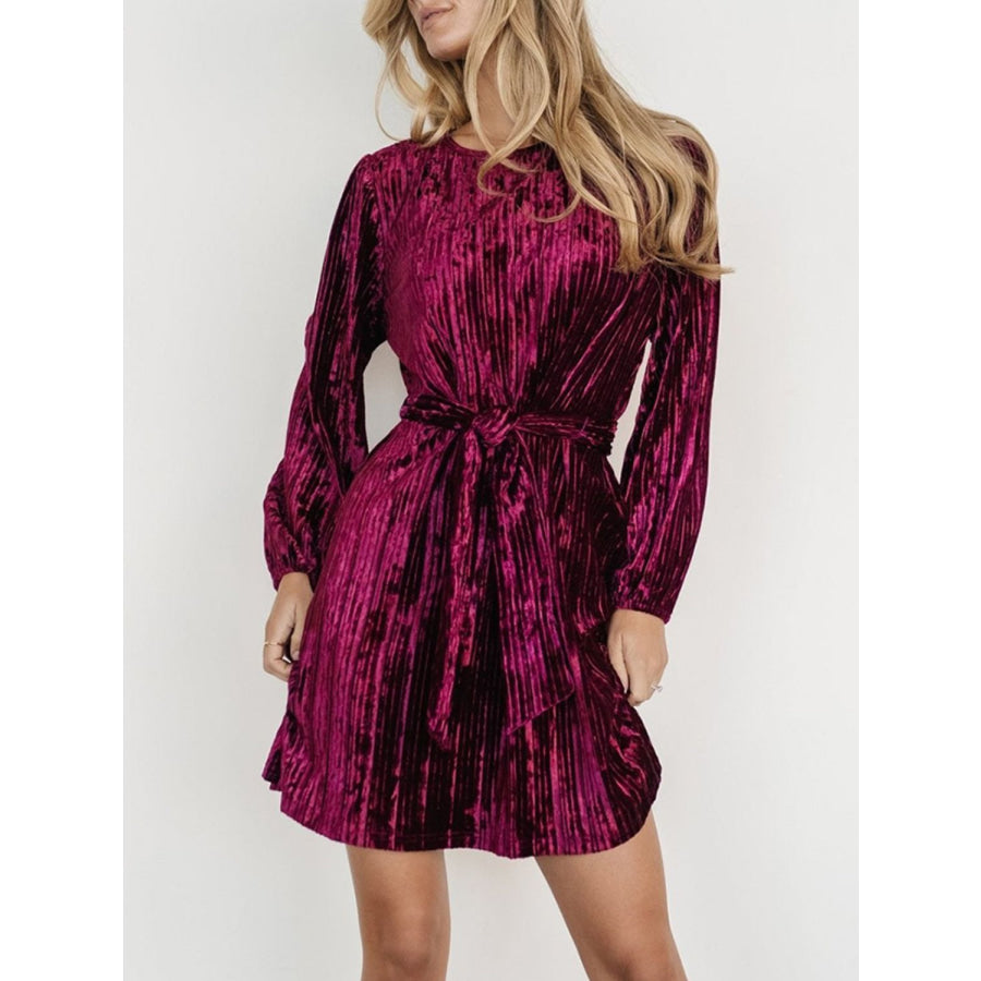 Velvet Round Neck Tie Waist Long Sleeve Mini Dress Deep Purple / S Apparel and Accessories