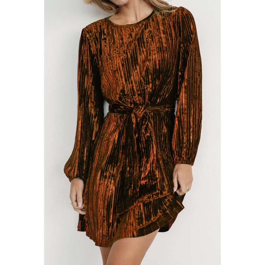 Velvet Round Neck Tie Waist Long Sleeve Mini Dress Terracotta / S Apparel and Accessories