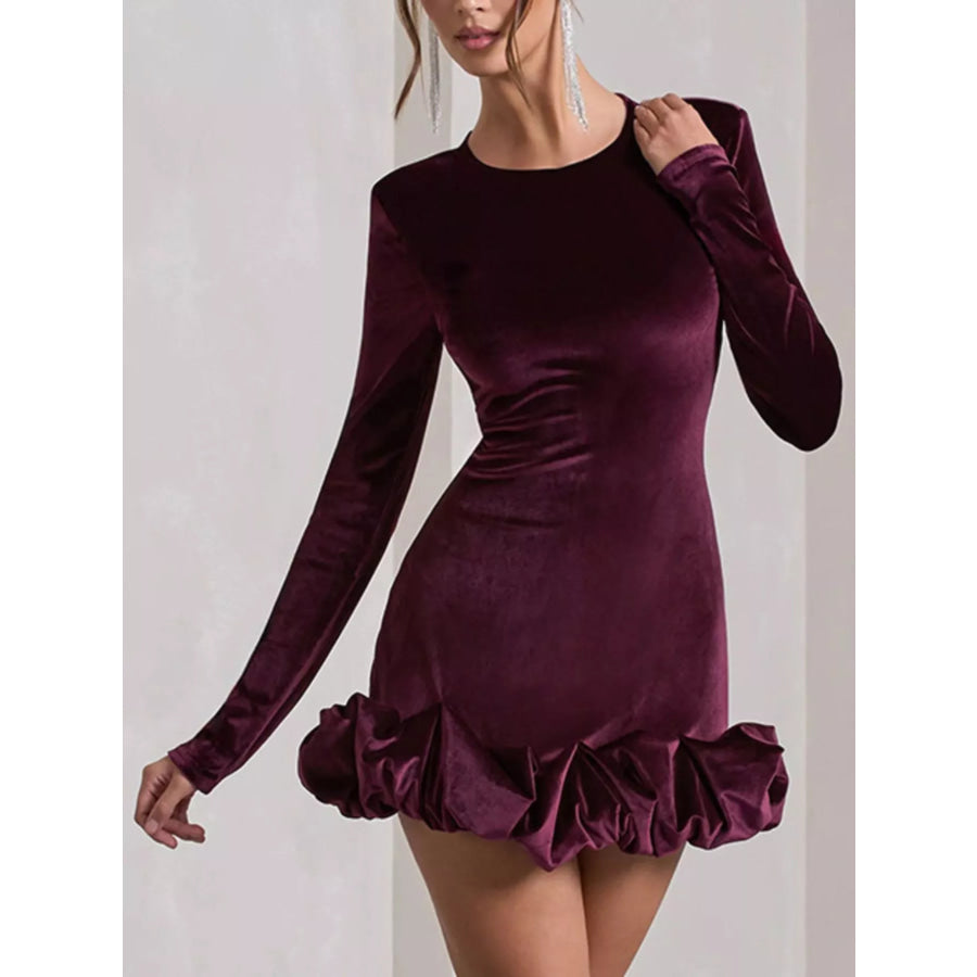 Velvet Ruched Hem Long Sleeve Dress Apparel and Accessories