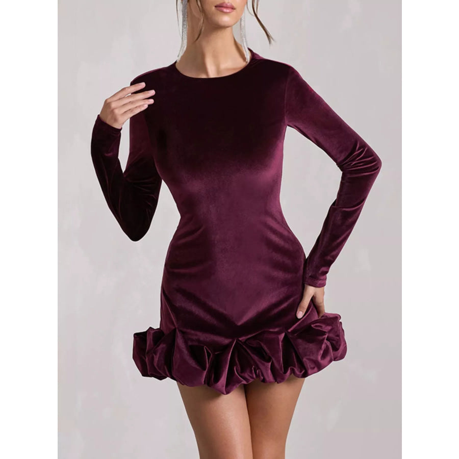 Velvet Ruched Hem Long Sleeve Dress Apparel and Accessories