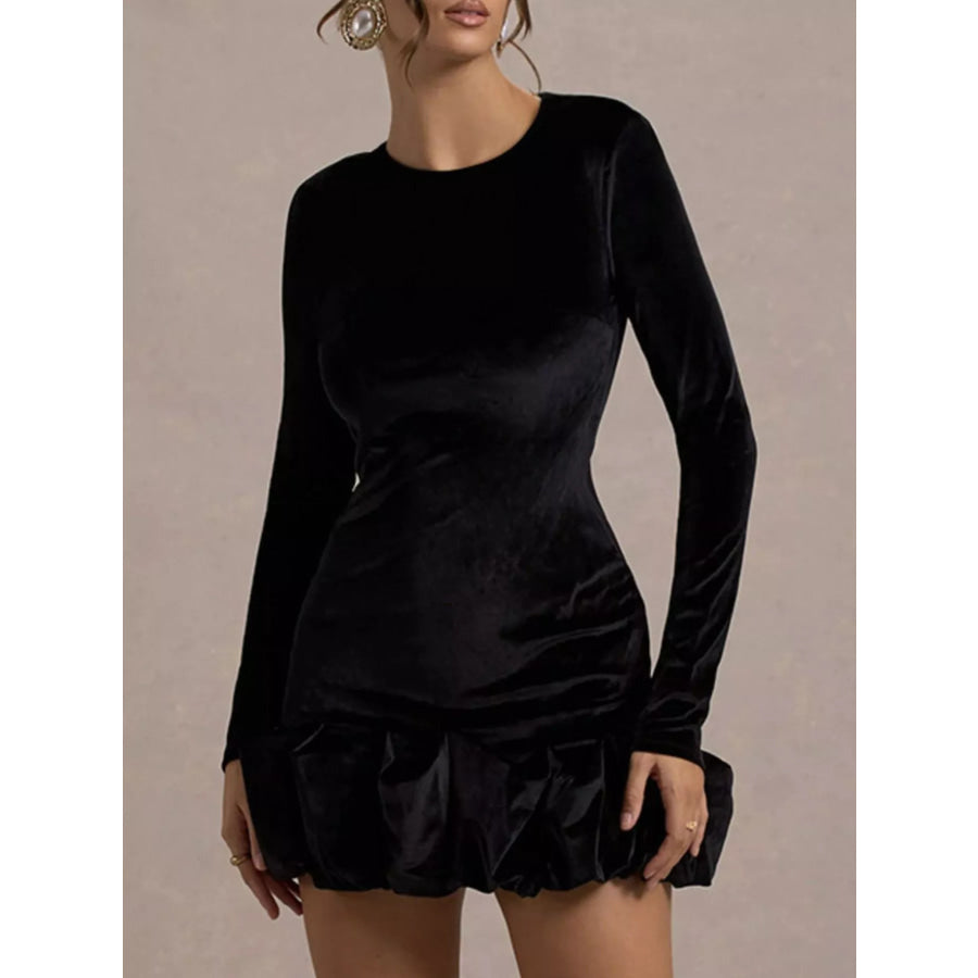 Velvet Ruched Hem Long Sleeve Dress Apparel and Accessories