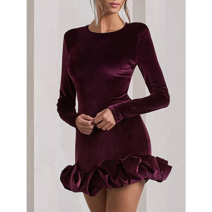 Velvet Ruched Hem Long Sleeve Dress Apparel and Accessories