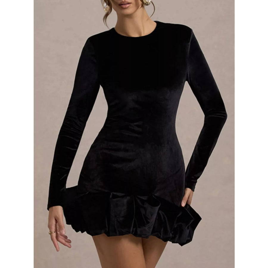 Velvet Ruched Hem Long Sleeve Dress Apparel and Accessories
