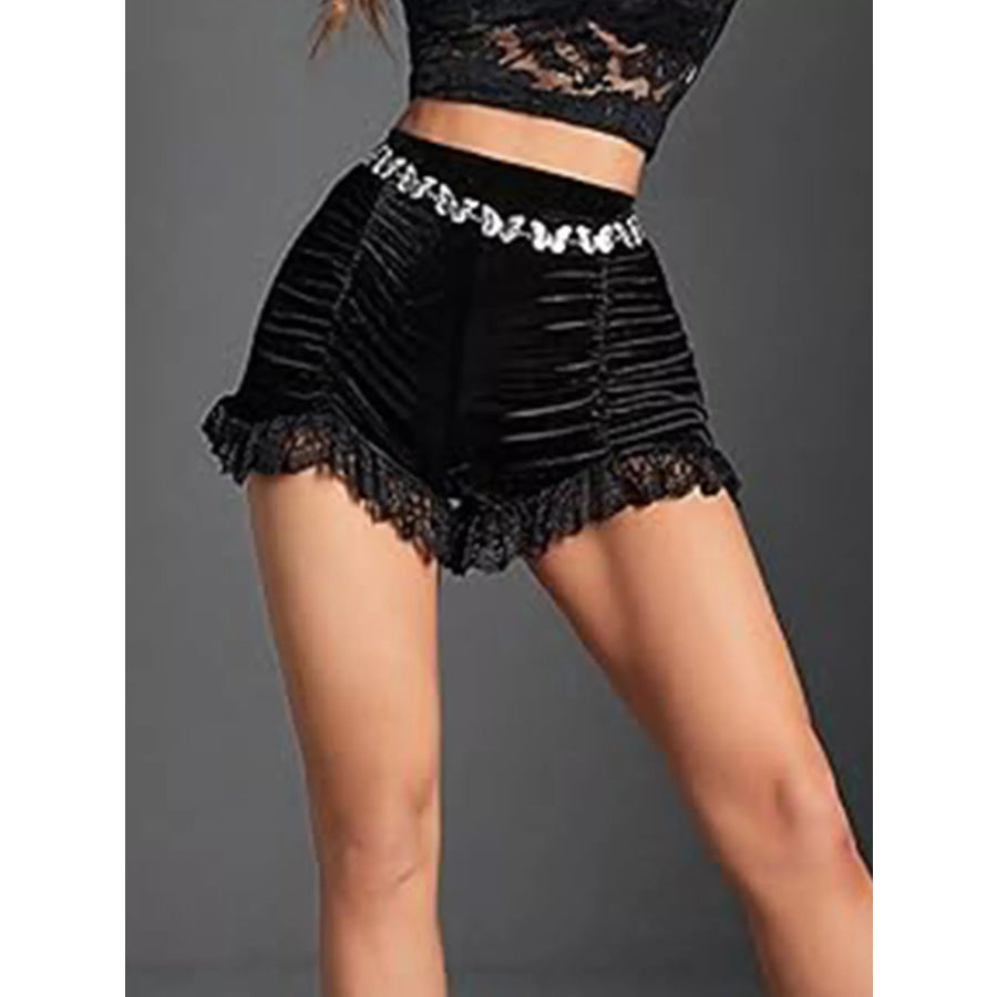 Velvet Ruched Lace Trim Shorts Apparel and Accessories