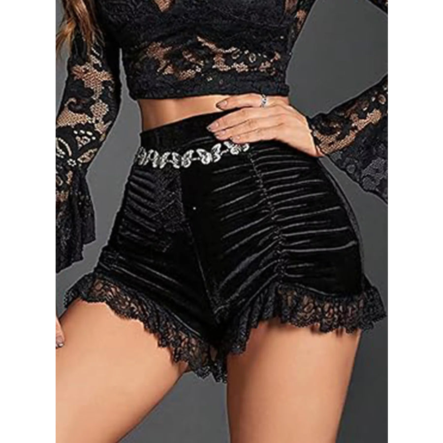 Velvet Ruched Lace Trim Shorts Apparel and Accessories