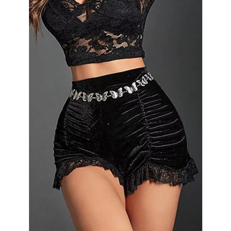 Velvet Ruched Lace Trim Shorts Apparel and Accessories