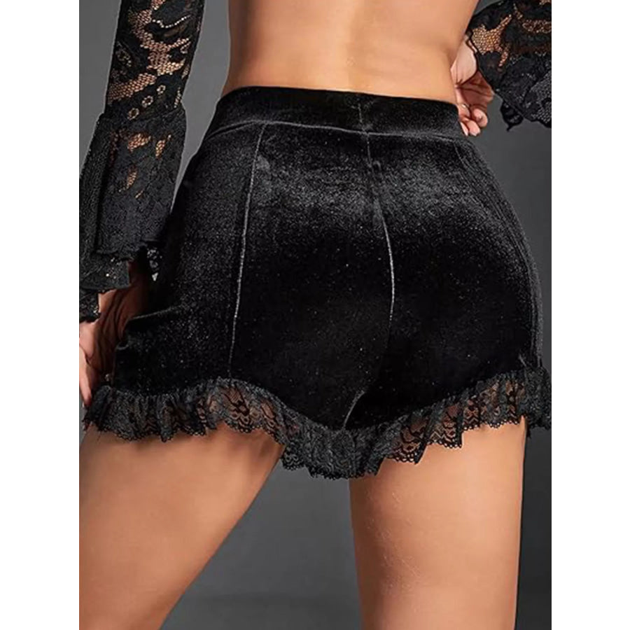 Velvet Ruched Lace Trim Shorts Apparel and Accessories