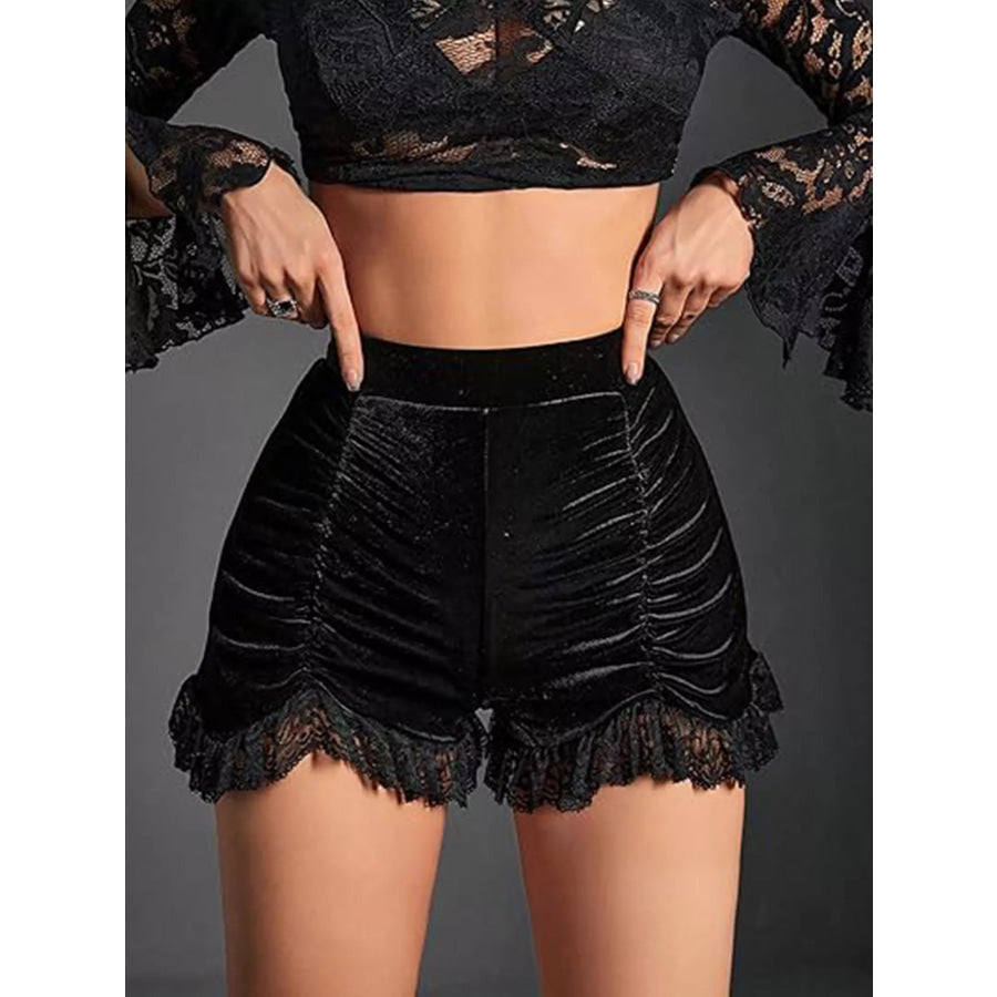 Velvet Ruched Lace Trim Shorts Black / S Apparel and Accessories